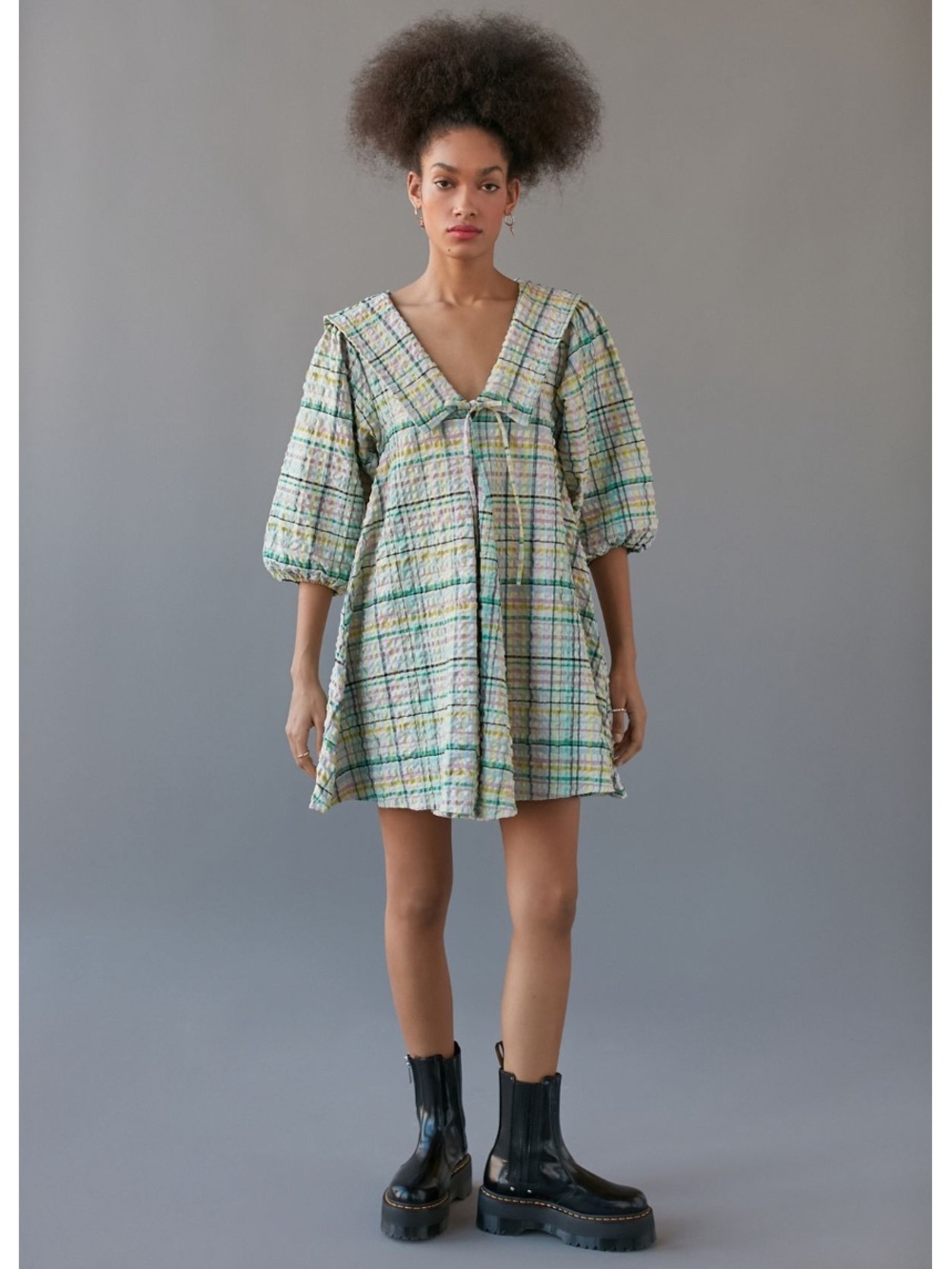 Damson Madder Etta Plaid Seersucker Mini Dress Green Pattern V Neck Sz 6 Small